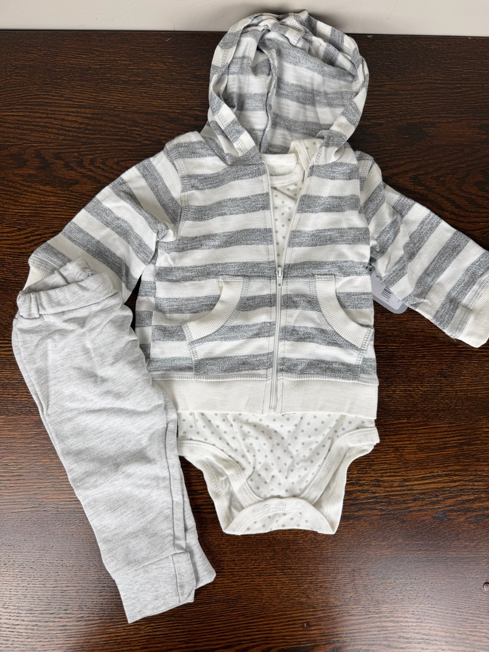 Rene Rofe baby 3 Piece Gray and White Striped Hoodie Set